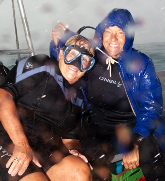 Paula and Katie sheltering from storm!